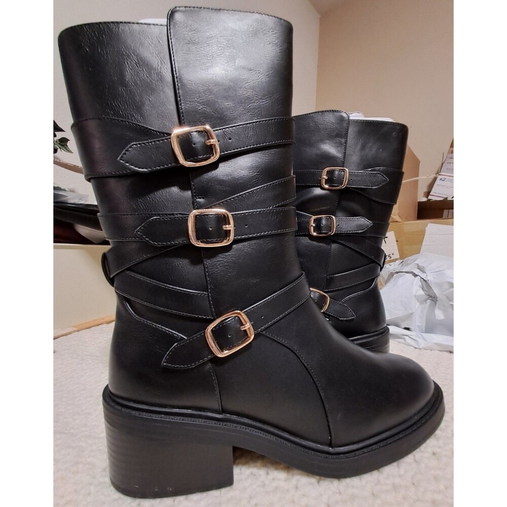 JustFab Greer Faux-Leather Black Buckle Moto Boots Size 11 NEW